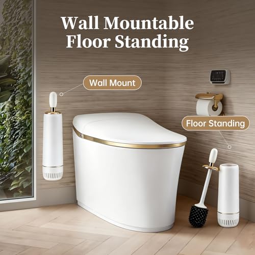 Toilet Brush and Holder Set, Luxury Toilet Brush & Sleek Stand, High-End Modern Silicone Toilet Brush Set, Non-Scratch Hygienic, Odor-Free Design - Easy to Clean (Matte Grey + Gold, B) Father's Day - color: Matte Grey + Gold