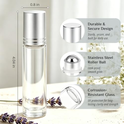 PrettyCare 4 Pack, 10 ml Essential Oil Roller Bottles with Stainless Steel Roller Ball - Refillable Leak-proof Empty Thick Clear Glass Roll on Bottles with Silver Caps for Travel, Perfume - color: Frosted with Silver Cap, size: 4 Pack