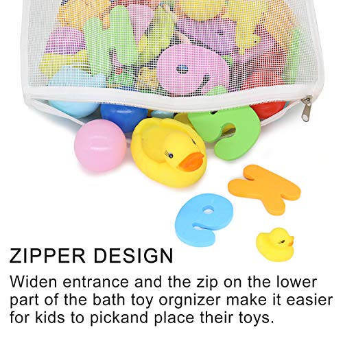 Muchfun Bath Toy Organizer Multiple Ways to Hang | Extra Large Opening Bathroom Toy Holder, Bottom Zipper Bathtub Toy Storage Bag (White) - color: White