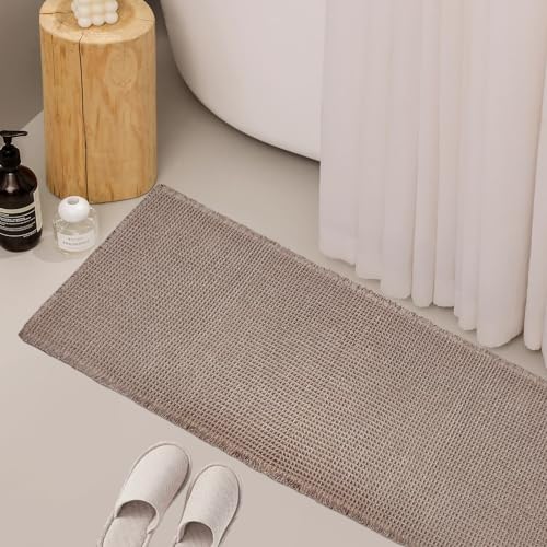 ZALL Tan Waffle Bath Mat,Super Absorbent Non Slip Long Bathroom Runner Rug,Brown 24X60inch,Machine Washable Ultra Soft Floor Mats - color: Brown, size: 24 x 60 inches(Rectangular)