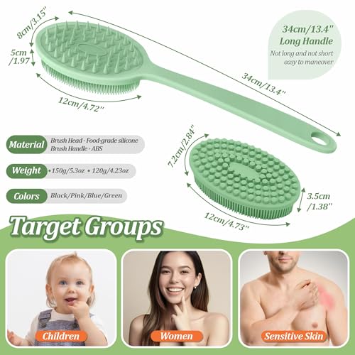 Silicone Back Washer for Shower, Gentle Exfoliating Body & Back Scrubber with Handle, Silicone Loofah with Two Dual-Side & Replaceable Brush Heads(Green-Two Heads) - color: Green-two Heads
