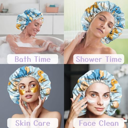 Luxury Shower Cap Silk Satin Lined Waterproof Reusable Adjustable Elastic Dry Hair Bathing Caps Cute for Women Girls-Dinosaur - color: C-18-Dinosaur