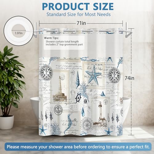 No Hook Vintage Nautical Shower Curtain with Waterproof Snap-in Liner, Ocean Themed Stamps Retro Shower Curtain with Mesh Top Window, Quick Dry Cloth Shower Curtains for Bathroom, 71"W x 74"L - color: Vintage Nautical Stamps