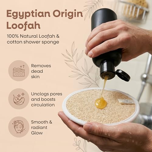 L'Exfose Organic Natural Loofah Body Scrubber for Shower – Dual Sided Egyptian Fiber Plastic Free Loofah – Quick Dry Natural Body Scrubber with Sisal Soap Saver Bag – Minimal Spa Gift for Men Women - color: Natural Cream