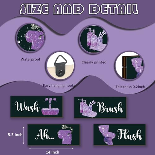 4 Pcs Purple Bathroom Decor Purple And Black Wall Decor Large Wooden Bathroom Accessories Modern Funny Glitter Decoration Set for Home Toilet(14x5.5 Inch) - color: Purple, size: 14 X 5.5 Inch