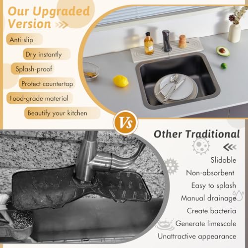 Quick Dry Stone Sink Splash Guard, 16" Extended Diatomaceous Earth Sink Absorbent Faucet Mat, Instant Drying Stone Tray for Kitchen & Bathroom Countertops, Aesthetic Home Decor Gift Women, Ash Grey - size: 16" x 3.9"