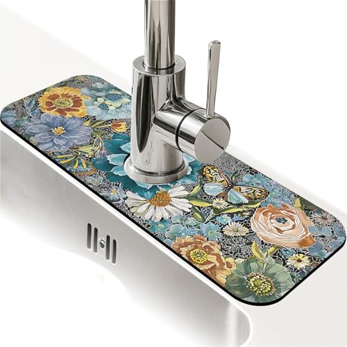 Faucet Fast Absorbent Pad - Chromatic Blooms And Butterfly , Suitable For Kitchen, Bathroom, Island And Other Scenes - color: Chromatic Blooms and Butterfly