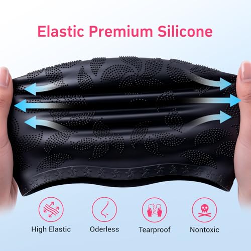 Women Swim Cap 2 Pack for Long Hair, Silicone Flower Adult Swimming Caps Waterproof for Girl Youth No Wet Hair - color: Black & Black