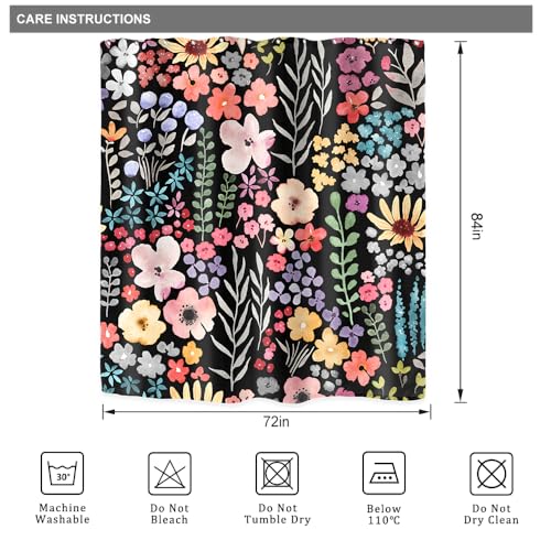 Riyidecor Extra Long Black Floral Shower Curtain for Bathroom Decor 72Wx84H Watercolor Cute Plants Spring Girly Women Colorful Boho Art Printed Fabric Polyester Waterproof 12 Pack Plastic Hook - color: E-black, size: 72"W x 84"L (Pack of 1)