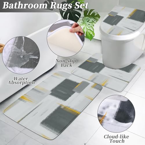 XLHOMO Bathroom Set - Grey and Gold Bathroom Accessories Set, Bathroom Sets with Shower Curtain and Rugs, Grey Shower Curtain Set with Bathroom Trash Can, Soap Dispenser, Soap Dish for Home Decor - color: Plaid Grey & Gold, size: Complete Set + Bath Rugs