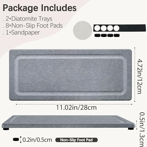 2 PCS Water Absorbing Stone Trays for Bathroom Sink & Kitchen Counter, Fast-Drying Diatomite Sink Coasters, Vanity Tray, Hand Soap Holder with Anti-Skid Pads (11" x 4.7" Gray) - color: 11" X 4.7" Gray