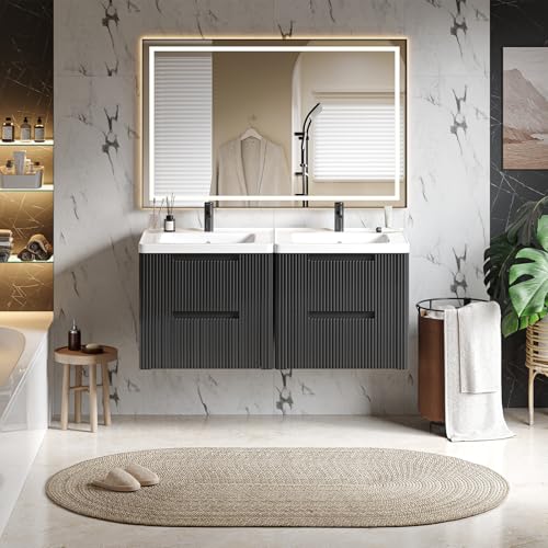 ONBRILL Modern Bathroom Vanity with Sink Combo, Curved Floating Bath Vanity with 2 Drawers, Wall Mount Bathroom Vanities with Integrated Ceramic Sink for Small Space, Apartment (Black, 24") - color: Black, size: 24"