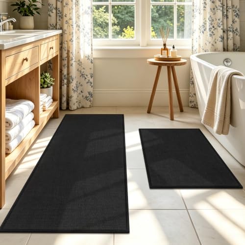 SHACOS Bath Mat Set of 2, Ultra Thin Washable Bathroom Rugs, No Slip Rubber Bath Rugs for Bathroom, Quick Dry Absorbent Bathroom Mat for Shower Outside Floor Toilet Sink (17"x24"+17"x47") - color: Black, size: 17"x24"+17"x47"