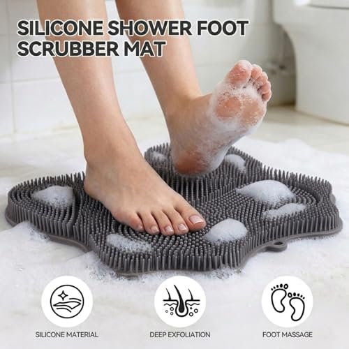 ozner Silicone Shower Foot Scrubber Mat, Back Washer Bath Wash Pad Exfoliating & Massage, Wall Mounted Slip Strong Suction Cups for Use in Cleaner Men and Women (Grey) - color: Grey