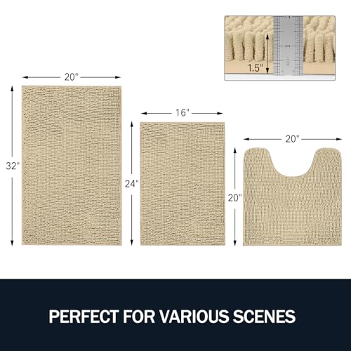 LINLA 3 Pieces Bathroom Rug Set, Absorbent Non Slip Chenille Bath mat, Thick Plush Chenille Carpet Mats Set,Washable Dry Quickly with U-Shaped Toilet Mat for Tub, Shower（Beige） - color: Beige