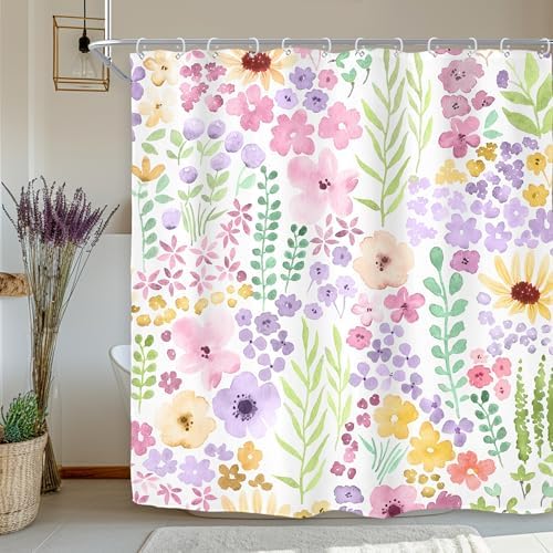 Riyidecor Pink Purple Cute Floral Shower Curtain for Bathroom Decor 72Wx72H Boho Spring Kids Girls Wildflower Watercolor Plant Botanical Art Printed Fabric Polyester Waterproof 12 Pack Plastic Hooks - color: B-purple, size: 72"W x 72"L (Pack of 1)