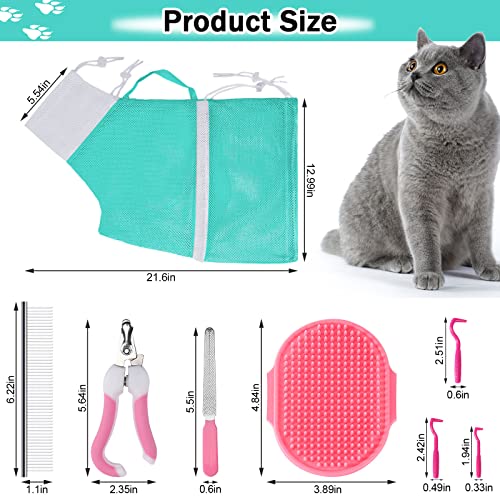 JULMELON 10 PCS Cat Washing Bag for Bath Shower Adjustable Net Grooming Set | Pet Brush Nail Clipper File, Hair Combs Tick Tool, Nail Caps, Bathing Trimming Examination, Pink and Green - color: Pink+Green