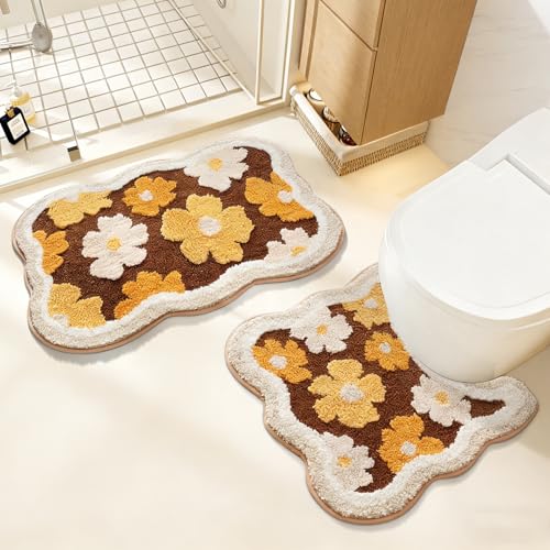 Bathroom Rug Set 2 Piece, Soft Cute Bath Mat and U-Shaped Contour Toilet Rug, Absorbent Microfiber Plush Bath Rug Set, Non-Slip Bath Carpet, Machine Washable, 32x20 Plus 22x20 - color: Brown 32x20" + 22x20"