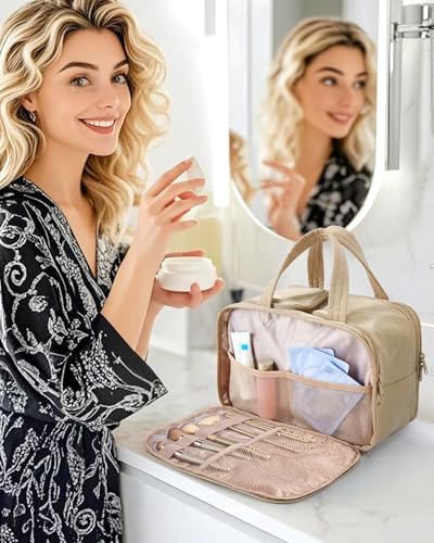 BAGSMART Travel Toiletry Bag, Puffy Large Toiletry Bag for Women, Lightweight Cosmetic Makeup Bag Organizer with Handle for Traveling, Accessories, Essentials, Toiletries (Grayish Brown) - color: D-Light Camel