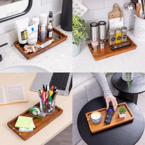 Demigo Bathroom Vanity Tray, Natural Acacia Organizer Tray, 11.8 x 5.9 in | Wooden Countertop Holder for Cosmetics Jewelry Candle & Keys, Decorative Tray for Toilet Tank, Kitchen & Sink Decor - color: Acacia
