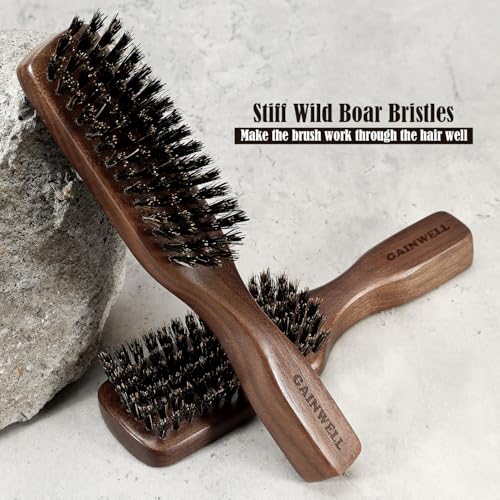 GAINWELL Wild Boar Bristle Hair Brush for Men, Slick Back Hair Brush with Stiff Boar Bristles for Thick Hair, Natural Black Walnut Wooden Handle Hairbrush, Beard Mustache Brush - Large - size: Large