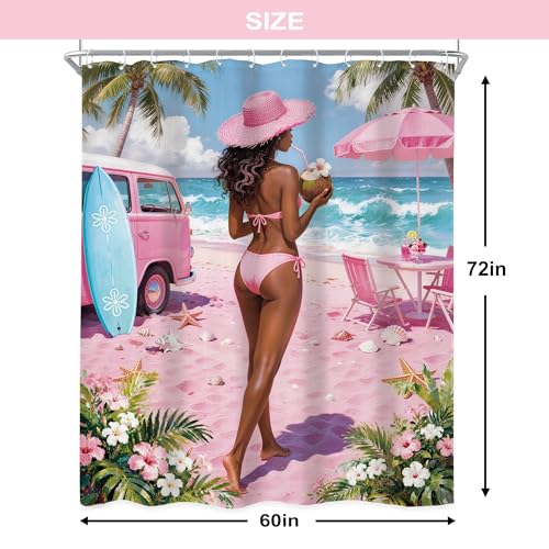 Newsely Pink Coastal Shower Curtain 60Wx72L Inch Summer Beach Coconut Trendy Girly Aesthetic Pretty Starfish Floral Botany Seashell Bathroom Set Waterproof Bath Decoration Accessories Home Decor - color: E-01pink, size: 60"W x 72"L (Pack of 1)