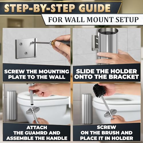 Silver Modern Toilet Brush and Holder Set with Wall Mount - Stainless Steel Toilet Brush with Holder - Removable Inner Bowl, Shiny Design, Splash Protection & Dense Bristles for Bathroom Cleaning - color: Silver Wall-mounted