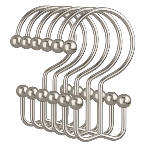 Amazer Nickel Shower Curtain Hooks, 12PCS Minimalist Simple Double Shower Curtain Rings, Rust-Resistant Metal Shower Hooks Shower Curtain Hangers, Shower Rings for Bathroom Shower Rods Curtains - color: Nickel, style: Minimalist - Double Hooks