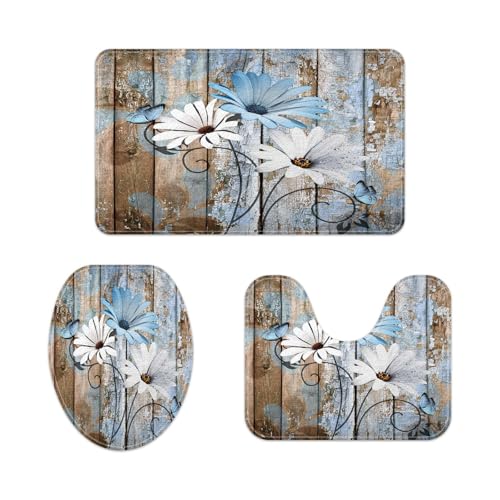 JAWO Farmhouse Floral Flower Bath Mat, Daisy on Rustic Wooden Plank Country Barn Wood Blue Flower Bath Mat Sets, U-Shaped for Bathroom Rugs, Toilet Mats, Non-Slip Shower Mat - color: Blue-01, size: 1'3" x 1'6" (U-Shaped)