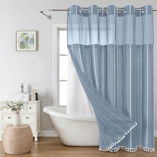 eachope Boho Farmhouse No Hook Shower Curtain Set with Snap-in Fabric Liner,Heavy-Duty Linen Textured Rustic Striped Design,Water-Repellent with Tassels and Sheer Window,Blue,71x74 - color: Blue, size: 71"W x 74"L (Pack of 1)