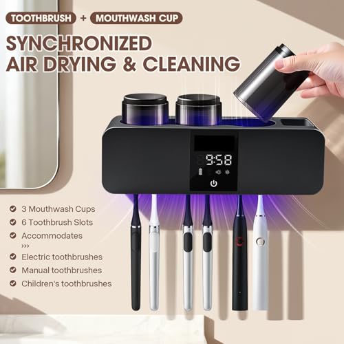 LXIANGN 3 in 1 Toothbrush Cleaner Holders for Bathrooms,Wall Mounted Toothbrush Holders with Drying and Cleaning,Smart LED Screen,6 Toothbrush Slots,3 Cups and Toothpaste Dispenser (Deep Grey) - color: Deep Grey