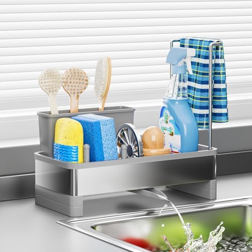 Ewaiira Stainless Steel Sink Caddy, Sponge Holder for Kitchen Sink with Brush Holder Dishcloth Rack, Rustproof Sink Organizer Countertop, Soap Dispenser Kitchen Organizers Storage Essentials, Gray9.8″ - color: C-gray