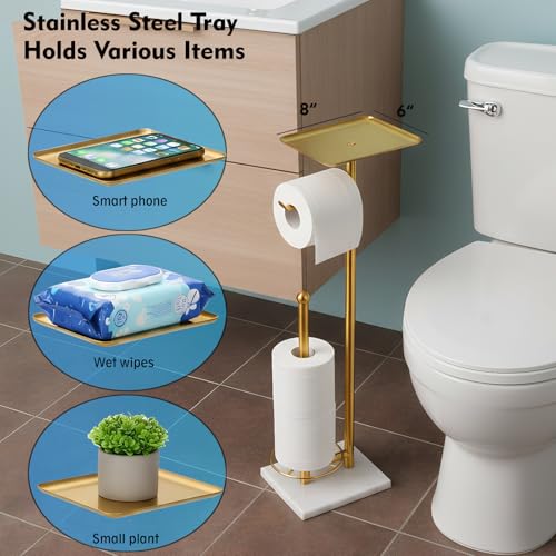 Gold Toilet Paper Holder with Shelf, Free Standing Toilet Paper Holder with Storage - Toilet Paper Stand for Holding Extra 3 Rolls, Tissue Holder for Bathroom (Gold with Marble Base) - color: Gold With Marble Base