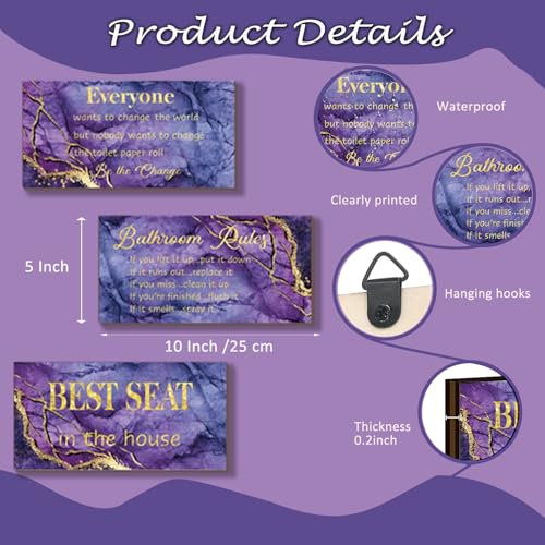 DONFENTHY 3-Piece Purple & Gold Bathroom Decor - Rules Wall Art & Signs - Best Seat in The House - Farmhouse Wooden Sign for Toilet Wall Decor (10x5") - color: Purple Gold