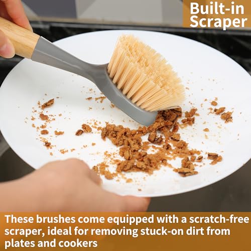 2 Pack Kitchen Dish Brush Bamboo Handle Dish Scrubber Built-in Scraper, Scrub Brush for Pans, Pots, Kitchen Sink Cleaning, Dishwashing and Cleaning Brushes are Perfect Cleaning Tools, Color-Gray - style: Gray
