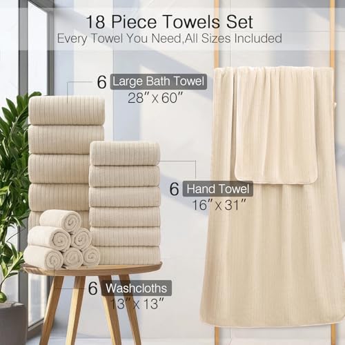 18 Piece Family Bath Towel Set Include 6 Bath Towels,6 Hand Towels and 6 Washcloths Soft Bathroom Towel with Hanging Loops,Highly Absorbent Quick Dry Towels Set for Bathroom,Hotel and Spa-Beige - color: Beige, size: 18-Piece Set