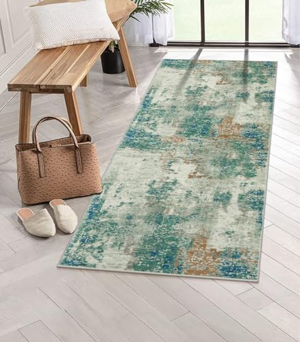 Lahome Modern Abstract Runner Rug with Rubber Backing - 2x6 Washable Rug Runners for Hallways Non Slip, 6 Ft Long Accent Carpet for Bathroom Kitchen Bedroom Entryway,Green/Grey - color: Green/Grey, size: 2' x 6'