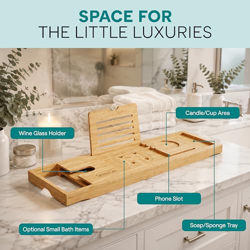 SereneLife 2 in 1 Bed and Bath Tray - Foldable Bamboo Bathtub Caddy with Adjustable Length, Non-Slip, Device Holder, Wine Glass Slot, Expandable for Comfortable Bathing, Natural, Folding Set