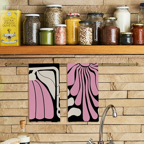 Abstract Boho Pink and Beige Floral Kitchen Towels Set of 2, Retro 70s Groovy Floral Hand Towels for Bathroom Decor, Modern Minimalist Botanical Dish Tea Towels for Kitchen Decor, 16x24 Inch - color: Boho Pink and Green