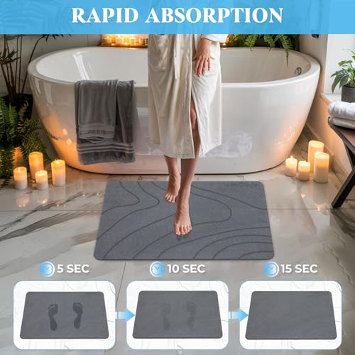 2 Pack Stone Bath Mat Diatomaceous Earth Shower Mat - Grey Wave Design Non Slip Super Absorbent Diatomite Stone Mats for Bathroom Floor Quick-Drying Easy to Clean (24 x 16 Inch)