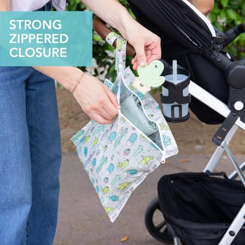 Bumkins Waterproof Wet Bag for Baby, Travel, Swim Suit, Cloth Diapers, Pump Parts, Pool, Beach, Gym Clothes, Toiletry, Hook to Stroller, Daycare, Zipper Reusable Wetdry Packing Pouch, Cactus Green - color: D7 Cactus, style: Wet Bag