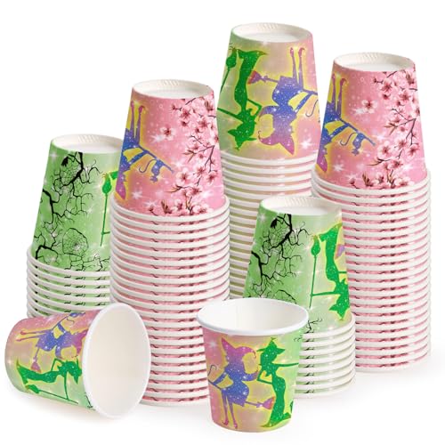 WRAPAHOLIC 3oz Witch Birthday Paper Cups - 100 Pack Disposable Bathroom Cups with Magic Witch Design, Small Mouthwash Cup for Toothbrush Rinse, Home Bathroom and Girls Birthday - color: Green & Pink Witch