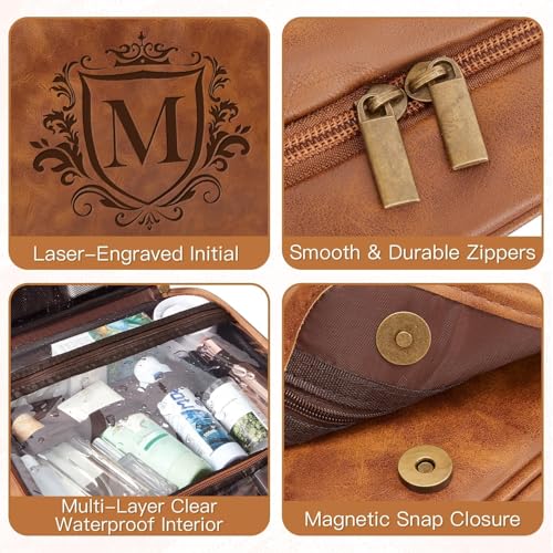 Personalized 3-in-1 Hanging Toiletry Bag Fathers Day Birthday Gifts for Men Dad Husband, Custom Initial Large Waterproof PU Leather Dopp Kit Shaving Bag Travel Essential for Him Light Brown Y - color: Light Brown, style: Y