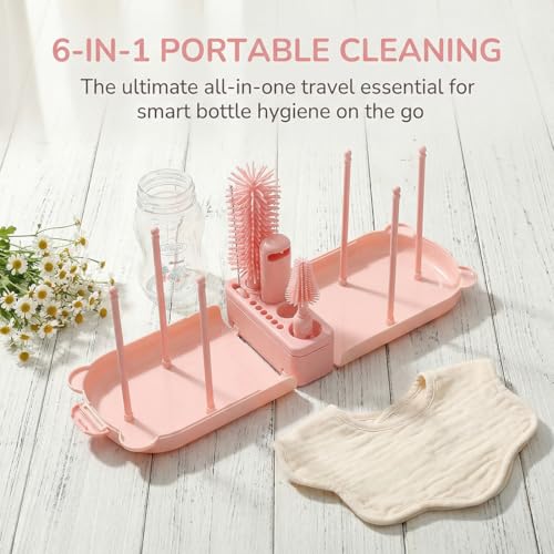 6 In1 Baby Bottle Brush Kit,Portable Silicone Bottle Brush Cleaner Set with Straw Brush,Nipple Brush,Drying Rack,Soap Dispenser,Storage Bag for Travel or Home,Compact&Space-Saving(Pink)