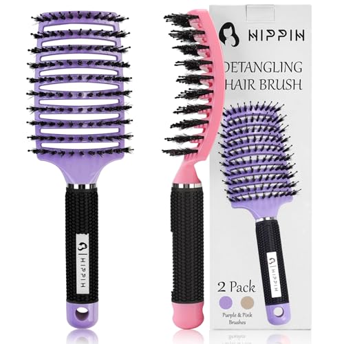 Boar Bristle Hair Brush Set of 2, HIPPIH Wet & Dry Hair Brushes Made by Fine Natural Boar Hair Can Adds Shine and Smoothing, Detangling Hairbrush for Women, Men & Kids' Long Curly Thick Hair - color: Purple & Pink