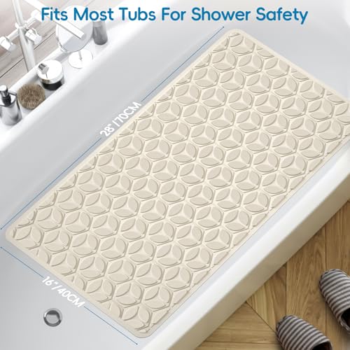 Bathtub Mat Non Slip with Suction Cups - 100% Rubber Bathroom Mat Textured for Bath Tub Shower Safety - Soft on Touch - BPA/PVC Free - Pet Dog Bath Mat - Machine Washable - 16 × 28 Inch（Beige） - color: Beige, size: 28" x 16" (Rectangular)