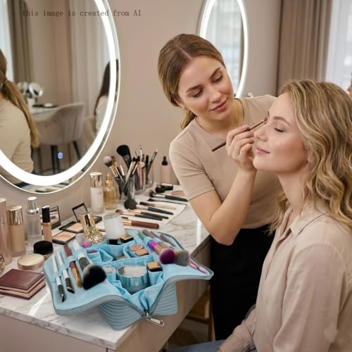 Travel Makeup Bag for Women, Waterproof Stand Up Cosmetic Bag with Brush Holders, Organizer Bag with Compartments, Fold-Down Design for Skincare, Toiletries & Essentials (Blue, Medium) - color: Blue, size: Medium
