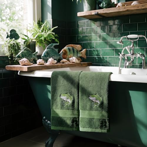 SmoothNovelty 2 Pcs Fishing Hand Towels Olive Green Bathroom Decor 14x29 Inch Embroidered 100% Cotton Soft Absorbent Spring Summer Decorative Hand Towels for Bathroom Kitchen - style: Fishing Hunting