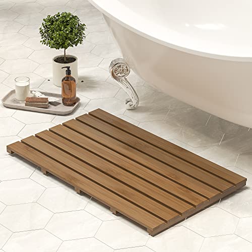 Bamboo Wooden Bath Floor Mat for Luxury Shower - Non-Slip Bathroom Waterproof Carpet for Indoor or Outdoor Use (Walnut,31.3 x 18.1 x 1.5 Inches) - color: Walnut, size: 31.3" x 18.1" (Rectangular)