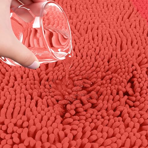 Bathroom Rugs Sets 3 Piece with Adjustable Toilet Seat Cover 19.5"x 18.5" Machine Washable Bath Rug Set with TPR Non Slip Rubber Backing Solid Bath Mat Set for Luxury Bathroom Decoration - color: Coral